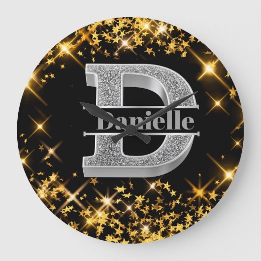 Gepersonaliseerde D-Initiaal Silver Monogram Jouw  Grote Klok (Voorkant)
