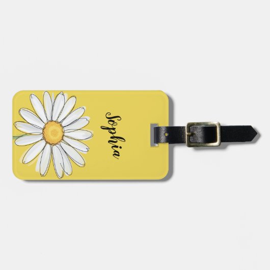 Gepersonaliseerde Daisy Bloemen Geel Script Naam Bagagelabel (Voorkant horizontaal)