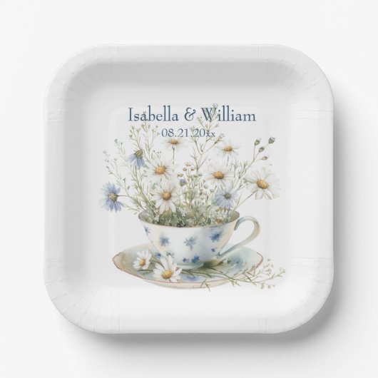 Gepersonaliseerde Daisy & Faded Blue Denim Bloemen Papieren Bordje (Voorkant)