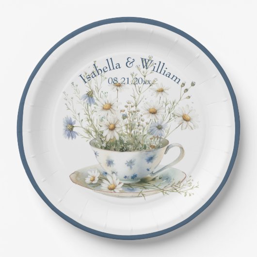 Gepersonaliseerde Daisy & Faded Blue Denim Bloemen Papieren Bordje (Voorkant)