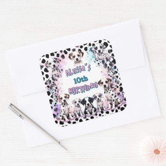 Gepersonaliseerde Dalmatische Puppies Waterverf Ve Vierkante Sticker (Envelop)