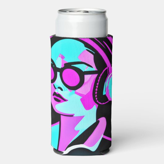 Gepersonaliseerde dame in hoofdtelefoon Blauwgroen Seltzer Blikjeskoeler (Seltzer Achterkant)