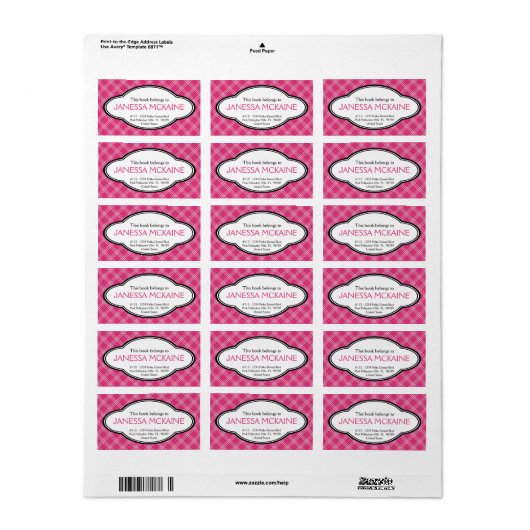 Gepersonaliseerde dames Bookplate Sticker Roze Wit (Full Sheet)