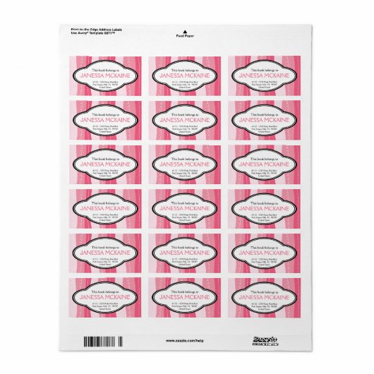 Gepersonaliseerde dames roze golvende strepen boek etiket (Full Sheet)