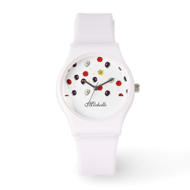 Gepersonaliseerde decoratieve lente bloemen wit horloge (Voorkant)