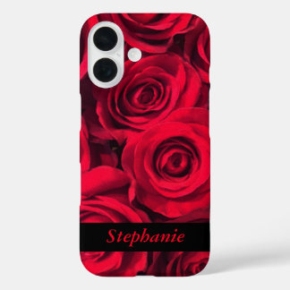 Gepersonaliseerde Deep Red Rose Blooms iPhone 16 Hoesje
