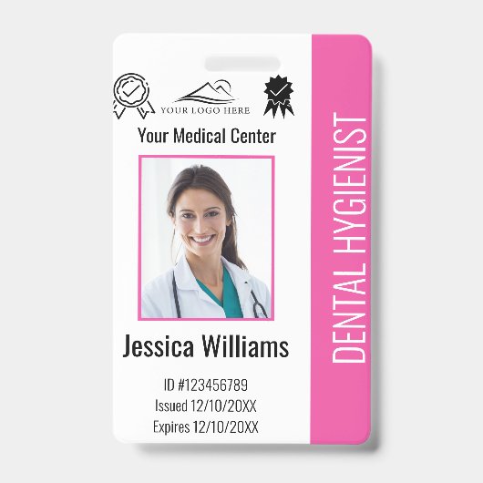 Gepersonaliseerde Dentist Kantoor Logo Foto ID Roz Badge (Front)