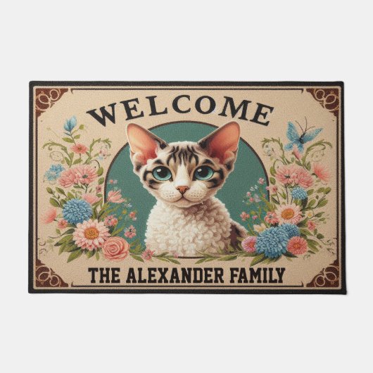 Gepersonaliseerde Devon Rex Cat Stijlvolle Bloemen Deurmat (Voorkant)