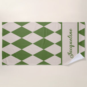 Gepersonaliseerde Diamant Geruit Groen + Beige Strandlaken
