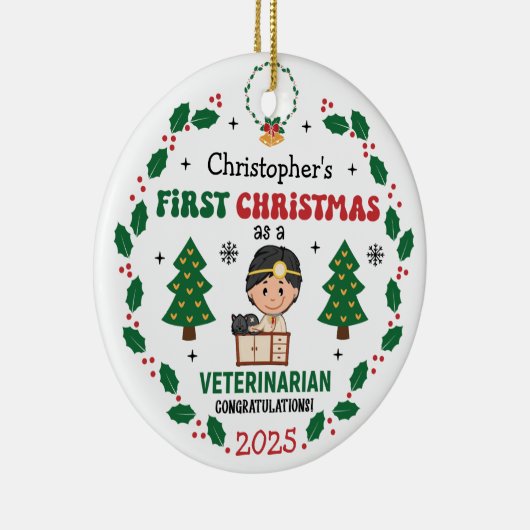 Gepersonaliseerde dierenarts Eerste Kerstboom Keramisch Ornament (Rechts)