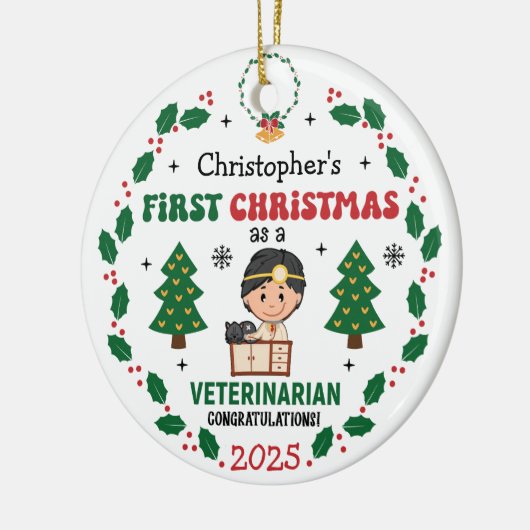 Gepersonaliseerde dierenarts Eerste Kerstboom Keramisch Ornament (Links)