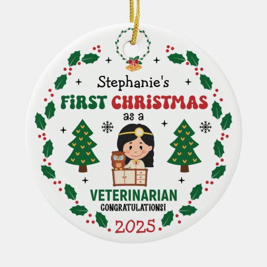 Gepersonaliseerde dierenarts Eerste Kerstboom Keramisch Ornament (Voorkant)