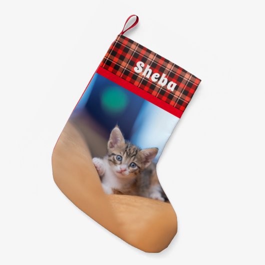 Gepersonaliseerde dierennaam Foto Rood Plaid Kleine Kerstsok (Voorkant (Hangend))