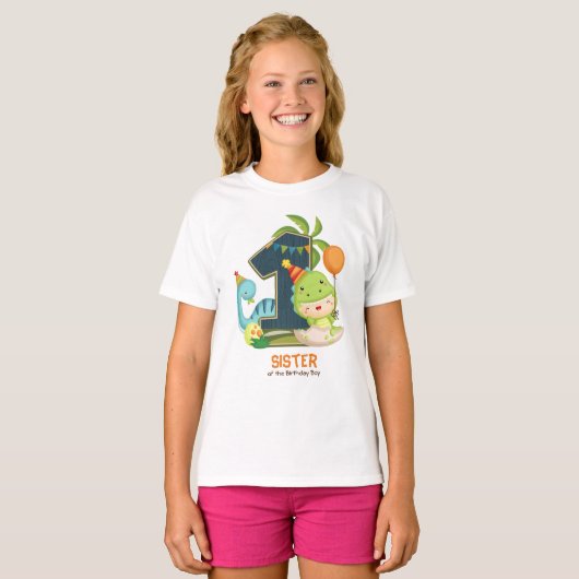 Gepersonaliseerde Dino Verjaardag Tshirt voor Zust (Voorkant volledig)