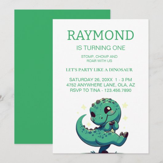 Gepersonaliseerde Dinosaur Birthday Party Kaart (Voorkant / Achterkant)