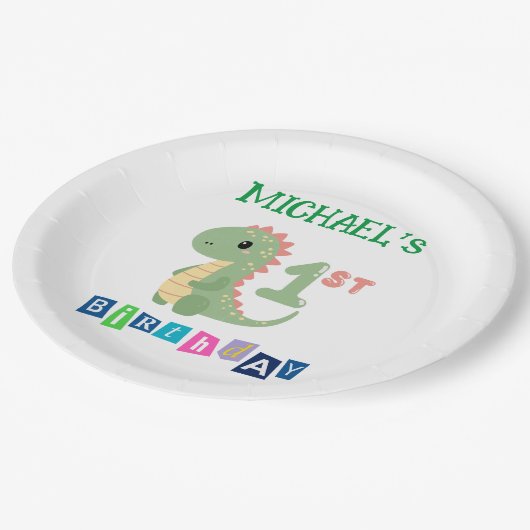 Gepersonaliseerde dinosaurus 1e verjaardag papieren bordje (Gekanteld)
