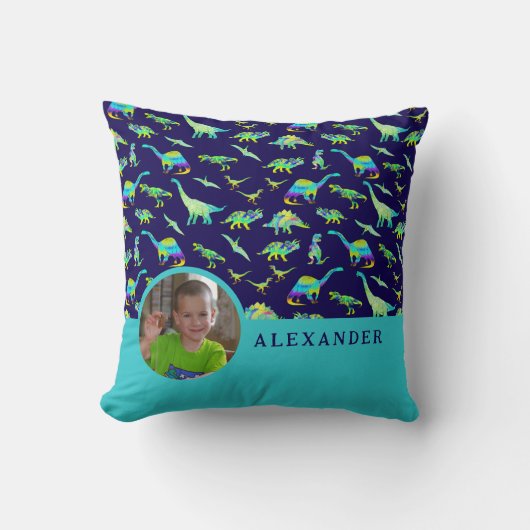 Gepersonaliseerde Dinosaurus Blauw Sierkussen (Voorkant)