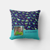 Gepersonaliseerde Dinosaurus Fotonaam Blauw Kussen (Voorkant)