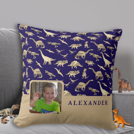 Gepersonaliseerde Dinosaurus Fotonaam Blauw Kussen