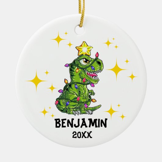 Gepersonaliseerde Dinosaurus Kerstmis Jongens Kers Keramisch Ornament (Voorkant)
