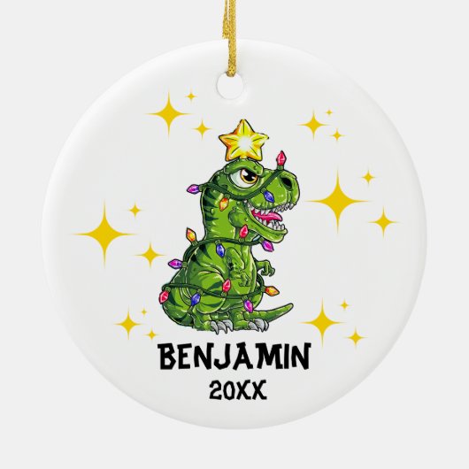 Gepersonaliseerde Dinosaurus Kerstmis Jongens Kers Keramisch Ornament (Achterkant)