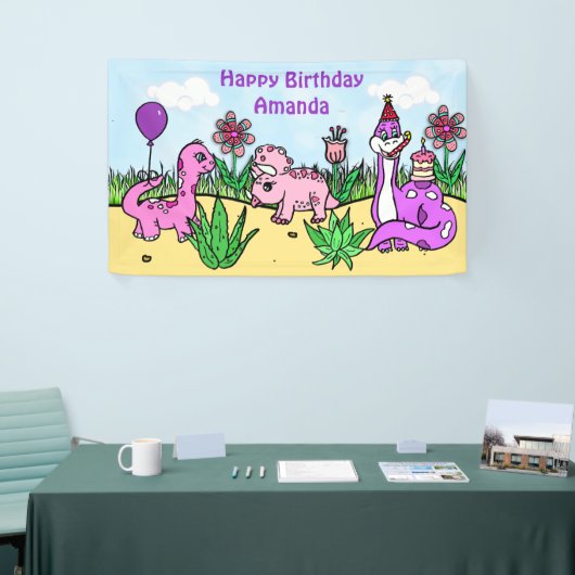 Gepersonaliseerde Dinosaurus Meisje Verjaardagsfee Spandoek (Beurs)