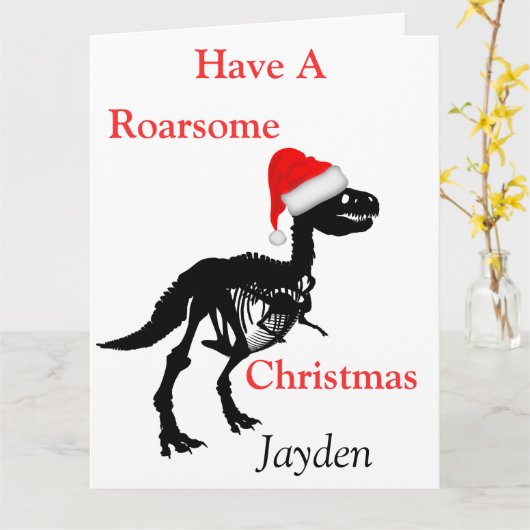 Gepersonaliseerde dinosaurus roarsome kerstkaart kaart (Gele Bloem)