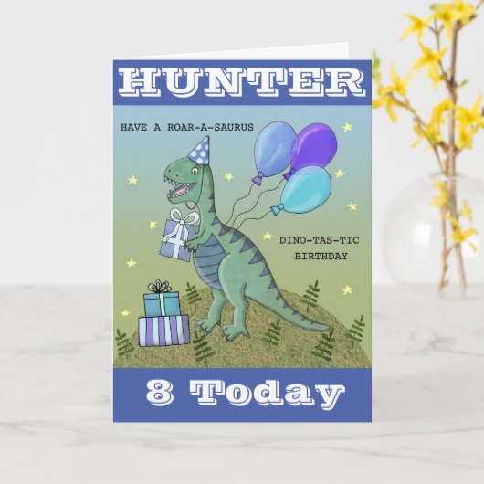 Gepersonaliseerde Dinosaurus Verjaardag Kaart (Gele Bloem)