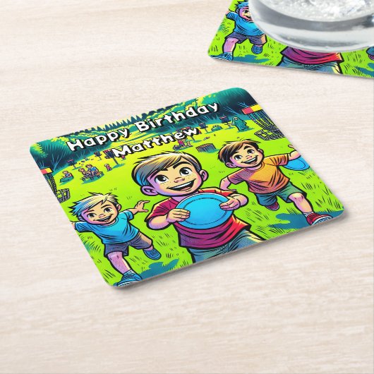 Gepersonaliseerde Disc Golf Boy's verjaardag Kartonnen Onderzetters (Schuin)