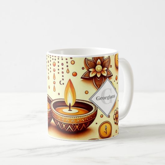 Gepersonaliseerde Diwali Diyas & Rangoli Brons & G Koffiemok (Voorkant rechts)