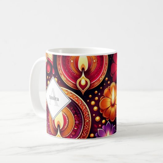 Gepersonaliseerde Diwali Paarse en Rode Diyas & Ra Koffiemok (Voorkant links)