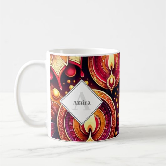 Gepersonaliseerde Diwali Paarse en Rode Diyas & Ra Koffiemok (Links)