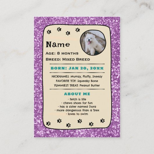 Gepersonaliseerde Dog Kaarten Pet Trading Kaart Sj Contactkaartje (Achterkant)