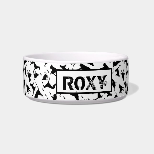 Gepersonaliseerde dog Silhouette Pattern Monochrom Voerbakje (Voorkant)