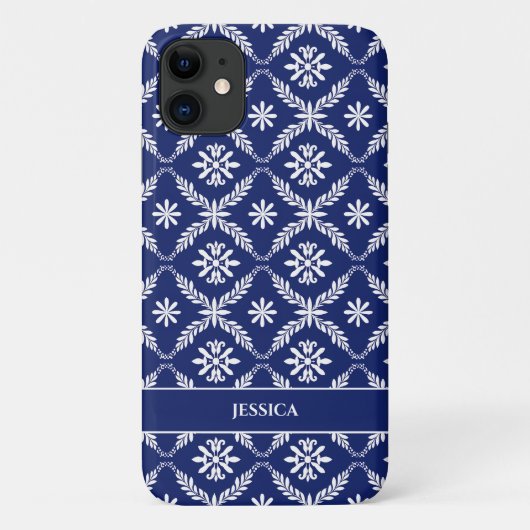 Gepersonaliseerde donkerblauwe en witte geometrisc Case-Mate iPhone case (Achterkant)