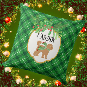 Gepersonaliseerde Doodle Dog Green Plaid Vakantie Kussen