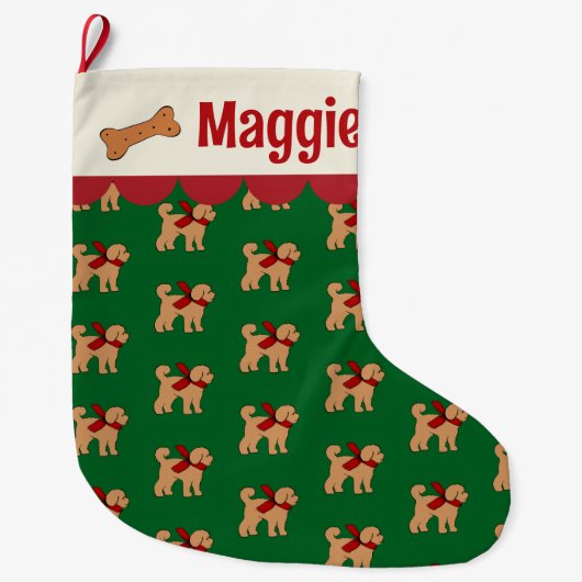Gepersonaliseerde Doodle Dog Red Green Tan Grote Kerstsok (Voorkant)