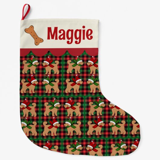 Gepersonaliseerde Doodle Dog Red Green Tan Plaid Grote Kerstsok (Voorkant)