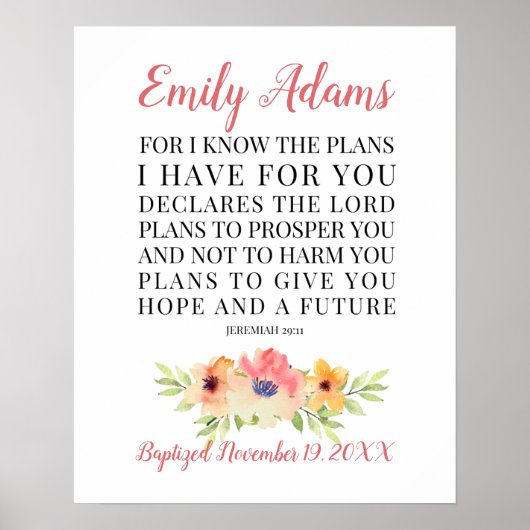 Gepersonaliseerde doop afdrukbaar, Jeremia 29:11 Poster (Voorkant)