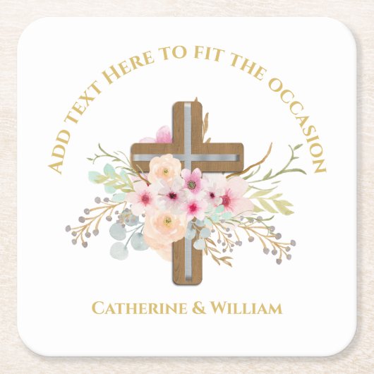 Gepersonaliseerde doop & doop Bloemenkruis Kartonnen Onderzetters (Voorkant)