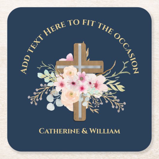 Gepersonaliseerde doop & doop Bloemenkruis Kartonnen Onderzetters (Voorkant)