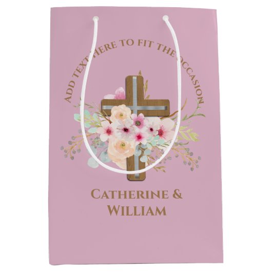 Gepersonaliseerde doop & doop Bloemenkruis Medium Cadeauzakje (Voorkant)