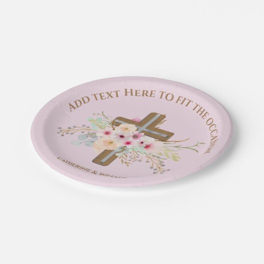 Gepersonaliseerde doop & doop Bloemenkruis Papieren Bordje (Gekanteld)