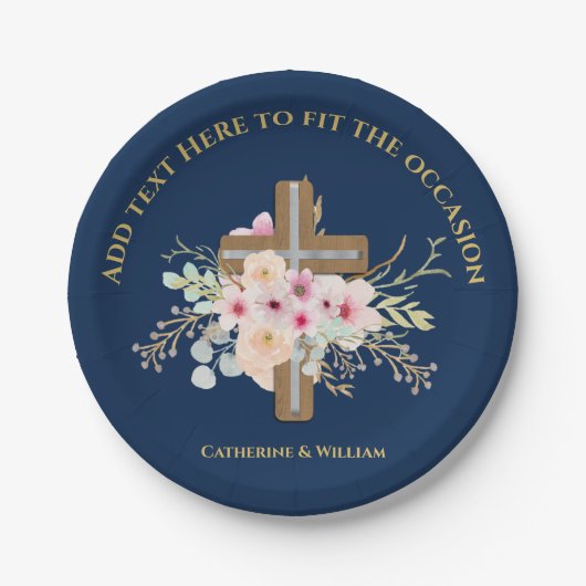 Gepersonaliseerde doop & doop Bloemenkruis Papieren Bordje (Voorkant)