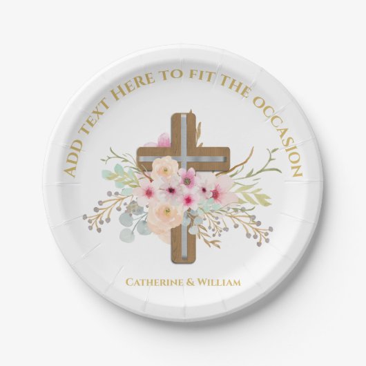 Gepersonaliseerde doop & doop Bloemenkruis Papieren Bordje (Voorkant)