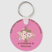 Gepersonaliseerde doop & doop Bloemenkruis Sleutelhanger (Voorkant)