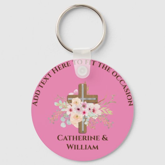 Gepersonaliseerde doop & doop Bloemenkruis Sleutelhanger (Voorkant)