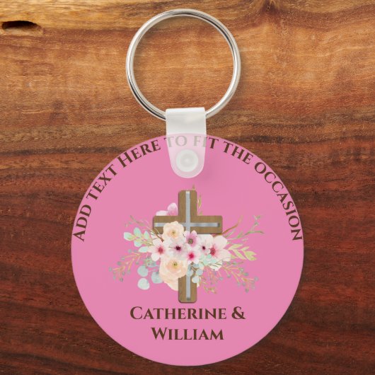 Gepersonaliseerde doop & doop Bloemenkruis Sleutelhanger (Voorkant)