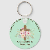 Gepersonaliseerde doop & doop Bloemenkruis Sleutelhanger (Voorkant)