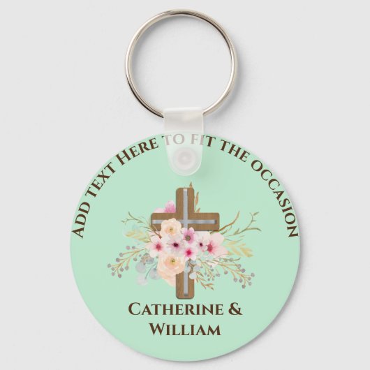 Gepersonaliseerde doop & doop Bloemenkruis Sleutelhanger (Voorkant)